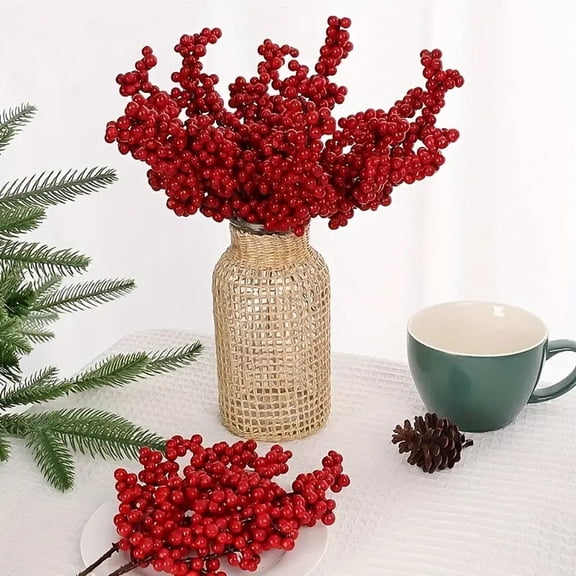 MInHoues 10 Pcs Artificial Red Berry Stems 7.9", Christmas Artificial Holly Berry Branches Foam Picks, Rustic Winter Holiday Home Crafts DIY Wreath Floral Centerpiece Decor