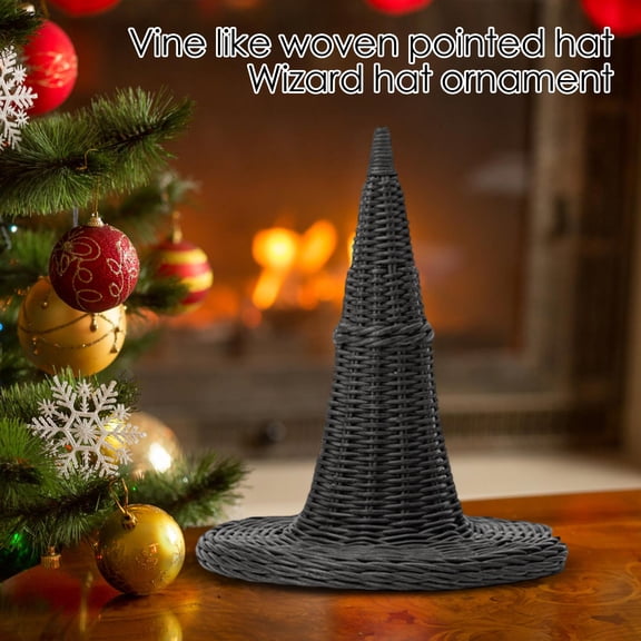 MInHoues 11.41" Imitation Rattan Woven Wizard Hat Tabletop Figurine, Black Wicker Pointed Witch Hat Ornament, Rustic Woven Decor for Halloween Christmas Mantel Shelf Holiday Home Party Decoration