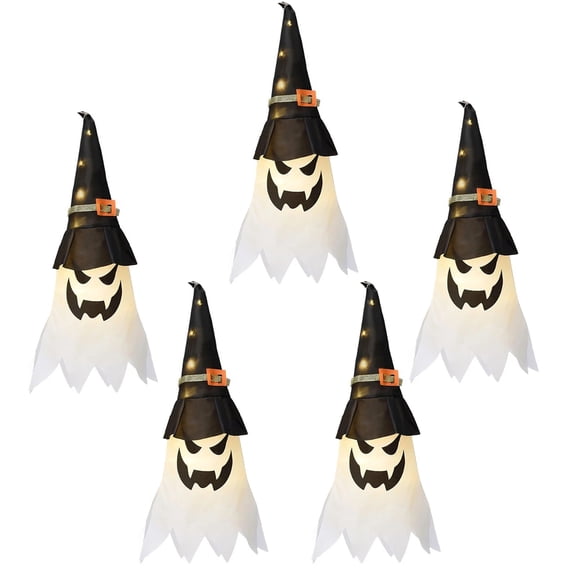 MInHoues 11.5FT Halloween Hanging Ghost Witch Hat Lights, 5Pcs Glowing Fabric Ghost Ornaments, Battery Operated Indoor Outdoor Decor for Home Tree Garden Yard Party Supplies