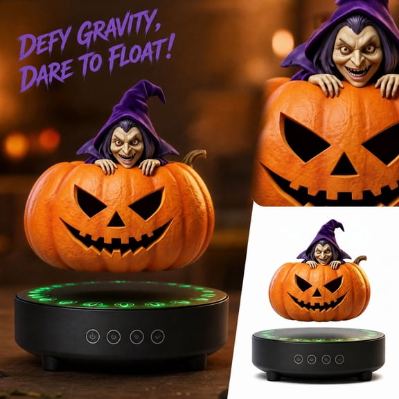 MInHoues 11.8" Magnetic Levitating Halloween Pumpkin Witch, Floating Jack-O'-Lantern Figurine Tabletop Centerpiece for Home Decor Gifts, 1 Count