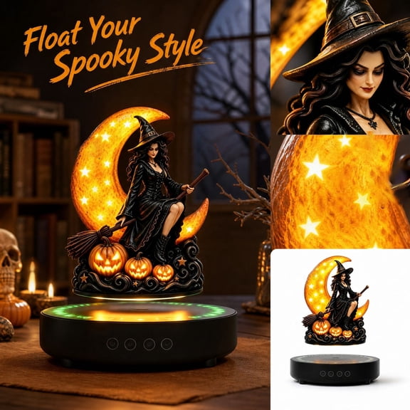 MInHoues 11.8" Magnetic Levitating Halloween Witch Figurine, Floating Lighted Crescent Moon Tabletop Lamp Decor for Home Gifts, 1 Count