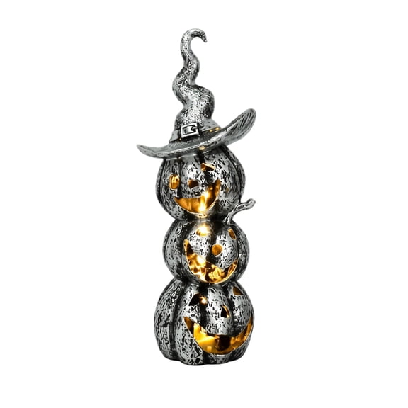 MInHoues 11.8 inch Halloween Stacked Pumpkin LED Light, Silver Weathered Resin Pumpkin Tower with Witch Hat for Halloween Tabletop Decor，Indoor Halloween Gift