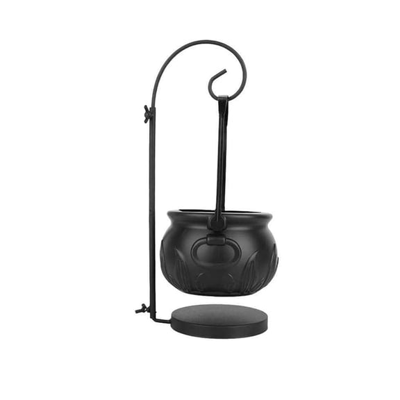MInHoues 13.77 Inch Freestanding Metal Stand Hanging Witch Cauldron Bowl, Embossed Black Witch Pot Candy Storage Bowl, Spooky Tabletop Decor Container for Halloween Home Party