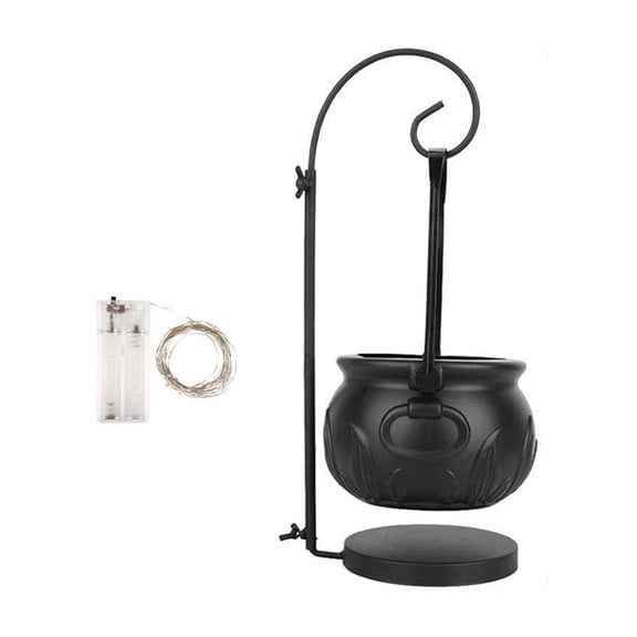 MInHoues 13.77 Inch Freestanding Metal Stand Hanging Witch Cauldron Bowl, Embossed Black Witch Pot Candy Storage Bowl, Spooky Tabletop Decor Container for Halloween Home Party(Light)