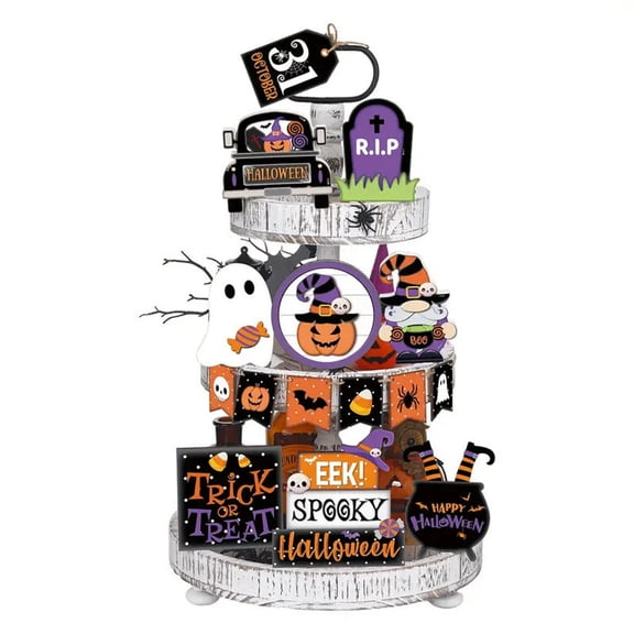 MInHoues 15Pcs Halloween Tiered Tray Wooden Decor Set, Rustic Farmhouse Spooky Wooden Sign Ornaments, Tabletop Decor Kit for Home Party Mantel Tiered Tray Supplies