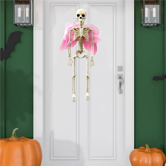 MInHoues 16-inch Halloween Full Body Skeleton with Pink Feather Wings, Realistic Simulation Human Skeleton Prop for Haunted House, Poseable Bone Decoration for Party Yard Scene