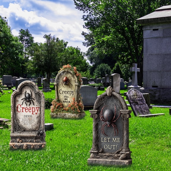 MInHoues 17 Inch Halloween Graveyard Tombstone Yard Stake Sign with Red Spider Floral Moss Print, Waterproof Cemetery Lawn Marker Decor for Outdoor Garden Haunted House Party