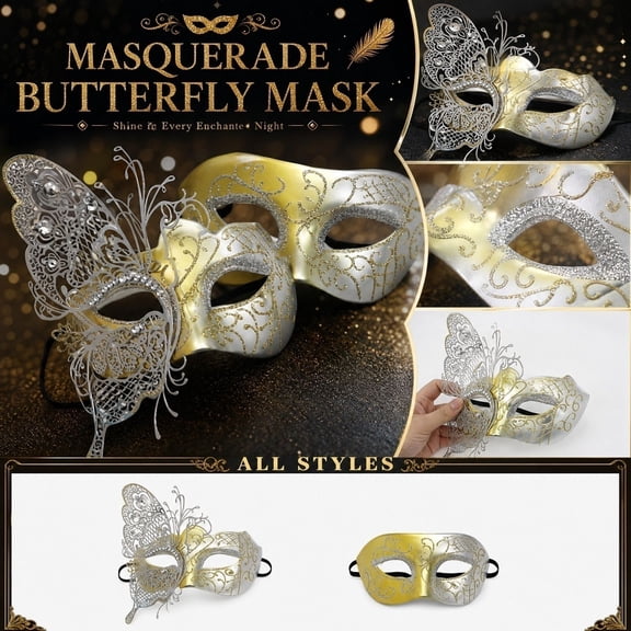MInHoues 2 Pcs Halloween Masquerade Mask for Couples, Rhinestone Butterfly Metal Cosplay Mask Set for Men and Women, Elegant Filigree Party Masks Costume Accessories for Carnival Prom, Gold