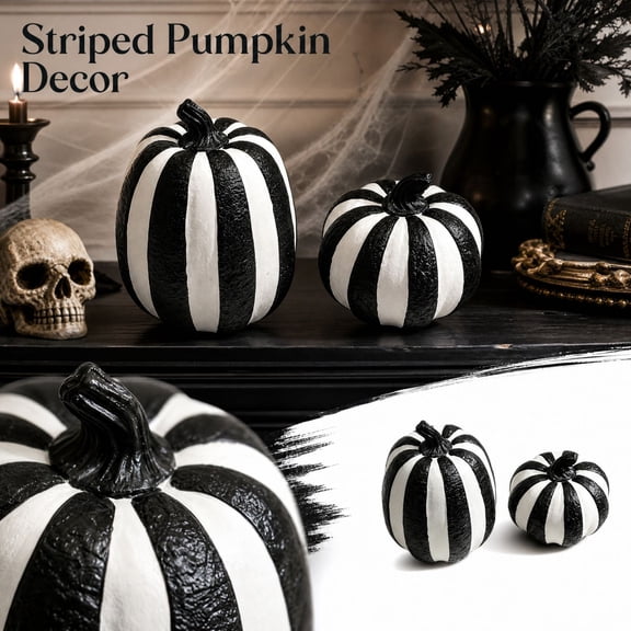 MInHoues 2 Pcs Halloween Striped Pumpkin Resin Ornaments, Creative Table Decor for Fall Festival Party Window Display, Spooky Home Room Centerpiece Prop, 6 inch