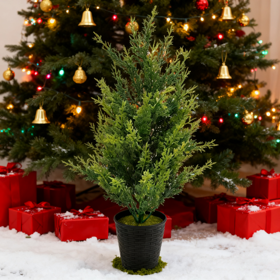 MInHoues 20" Artificial Cedar Christmas Tree in Pot, Real Touch Small Potted Faux Xmas Tree Decor for Front Door, Entryway Porch, Living Room Tabletop Display