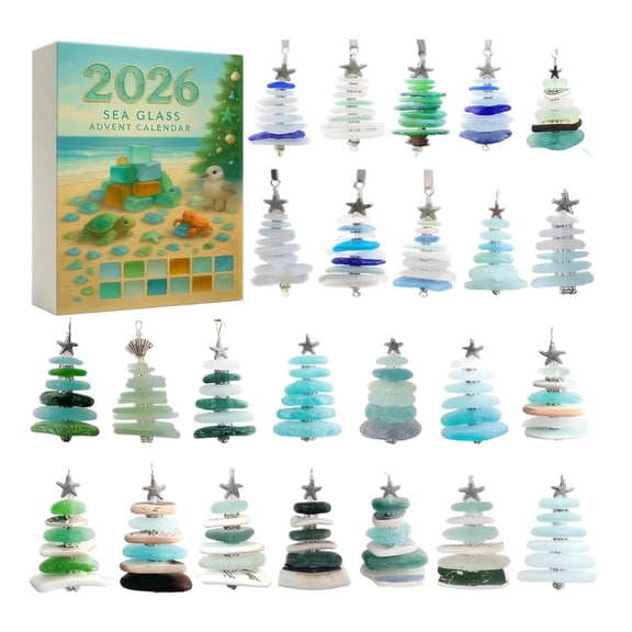 MInHoues 2026 Sea Glass Christmas Advent Calendar24 Days Ocean Christmas Countdown Box, Natural Sea Glass Mini Tree Ornaments Coastal Nautical Hanging Decor Gift for Ocean Lovers Kids Collectors