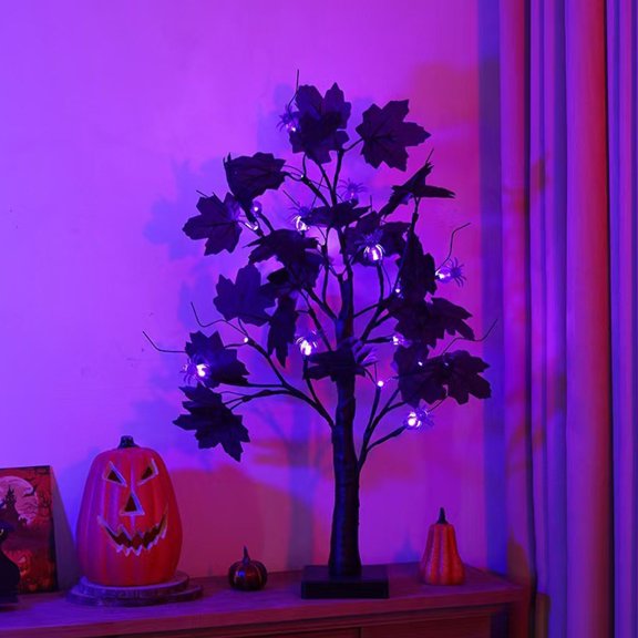 MInHoues 23.6 Inch Black Maple Lighted Table Tree, Battery Operated Mini White Ghost LED Decor Tree for Halloween Tabletop Mantel Ornament Holiday Party Decor