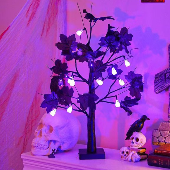 MInHoues 23 Inch Black Maple Lighted Table Tree, Battery Operated Mini White Ghost LED Decor Tree for Halloween Tabletop Mantel Ornament Holiday Party Decor