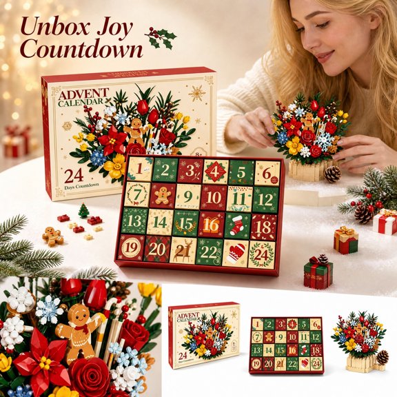 MInHoues 24 Pcs Christmas Advent Calendar, Holiday Countdown Building Blocks Eternal Flower Bouquet, Festive Tabletop Desk Decor for Home Room Display, 15.75x10.23x3.14 Inches