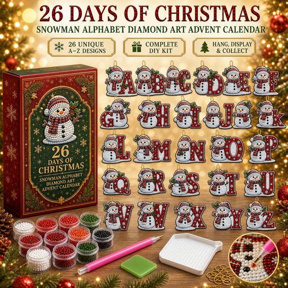 MInHoues 26 Pcs Christmas Advent Calendar Snowman Alphabet Diamond Art Kit, Holiday Countdown Craft, Flat Rhinestone Pendants For Adults Beginners Festive Decor