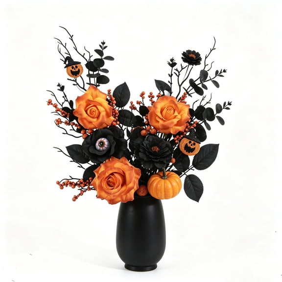 MInHoues 27.5 Inch Spooky Halloween Artificial Floral Stem, Orange & Black Fake Roses with Eyeball Pumpkin Twig Berries, Gothic Floral Pick for Table Centerpiece Mantel Vase Decor