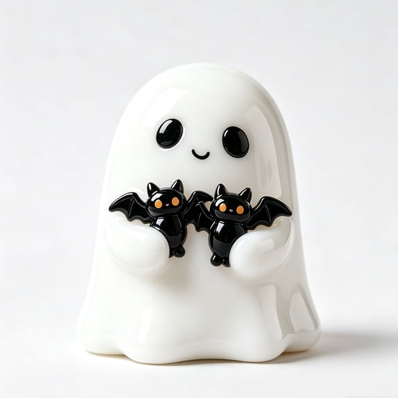 MInHoues 3.14 Inch Halloween Ghost Figurine with Black Bats, Cute Resin Ghost Statue for Tabletop Centerpiece, Spooky Decorative Ornament for Home Shelf Mantel
