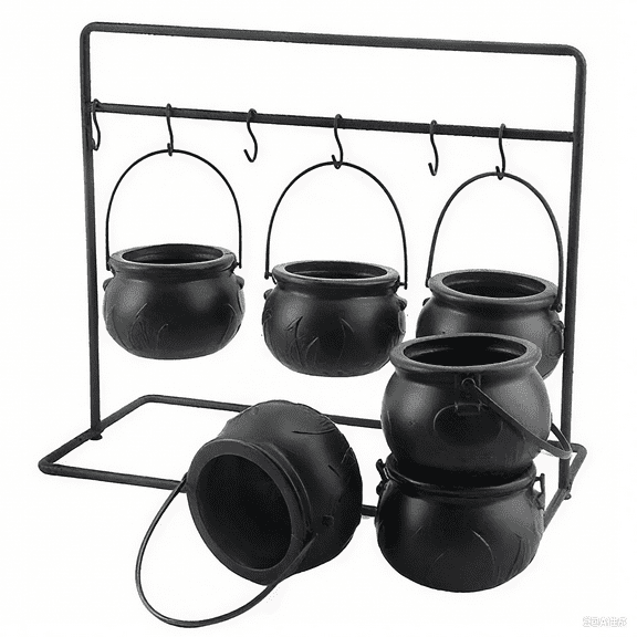 MInHoues 3 Pcs 3 Inch Mini Hanging Witch Cauldron Set with Metal Frame Stand, Embossed Black Witch Pot Candy Storage Buckets, Spooky Tabletop Decor Bowls for Halloween Party Home Display
