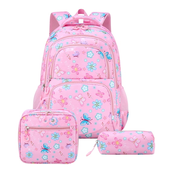 MInHoues 3 Pcs Girls Printed Backpack Set, Floral and Butterfly Print Waterproof School Bag for Teens, 14 Inch Laptop Daypack with Lunch Bag, Pencil Case for Travel Outdoors, Pink