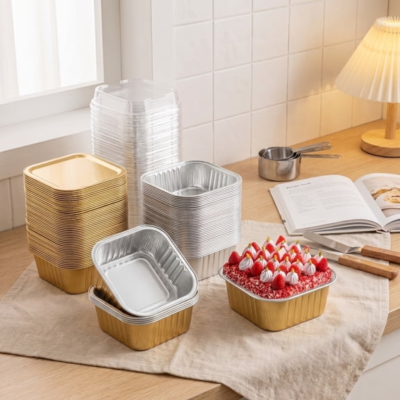 MInHoues 30 Pack 5oz Square Aluminum Foil Baking Pans with Lids, Mini Cupcake Ramekins Individual Dessert Cups Tins Containers for Baking, Catering, Party, Picnic Bakeware