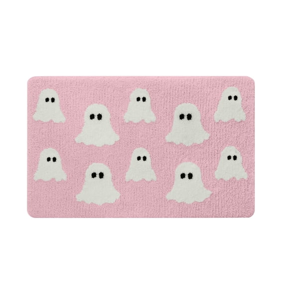 MInHoues 31x20 Inch Pink Cute Ghost Halloween Door Mat, Non Slip Washable Absorbent Ghost Bathroom Rug, Spooky Fall Welcome Floor Mat for Front Door Bedroom Kitchen Indoor Decor