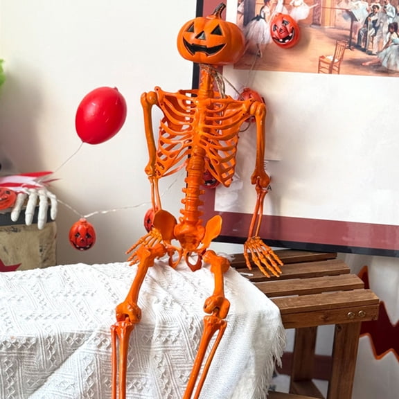 MInHoues 35.4 Inch Orange Posable Pumpkin Head Skeleton Figure, Wall Mountable Movable Joint Full Body Skeleton, Spooky Halloween Pumpkin Harvest Indoor Outdoor Hanging Decor