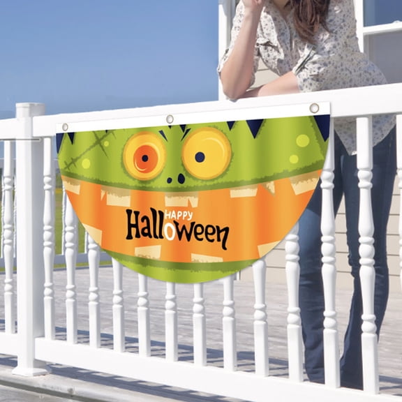 MInHoues 35.5x17.7 Inch Halloween Half Round Fan Banner with Green Monster Face Print, Waterproof Semicircular Hanging Flag for Outdoor Garden Porch Fence Holiday Decor