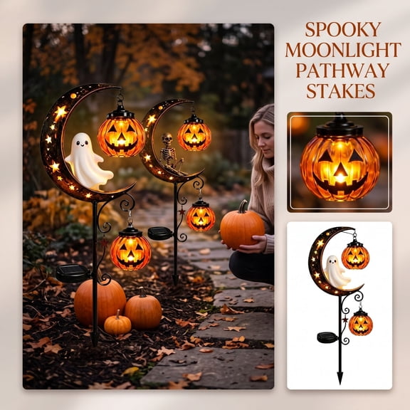 MInHoues 39" Halloween Pumpkin Ghost Moon Stake Light, Metal Outdoor Garden Decor Lamp, Eerie Glowing Pathway Yard Decor, Spooky Fall Holiday Lighting Accessories