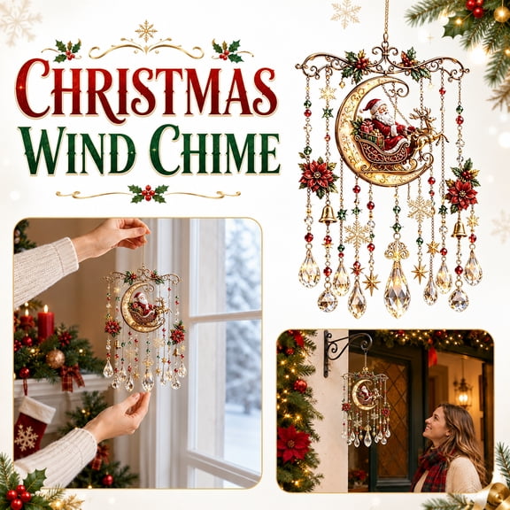 MInHoues 3D Acrylic Christmas Wind Chimes, 11.81" Santa Claus Moon Poinsettia Design, Outdoor Hanging Decor for Porch Garden Patio, Holiday Window Balcony Ornaments