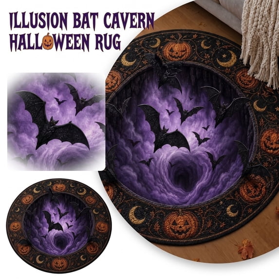 MInHoues 3D Optical Illusion Round Halloween Rug 40 Inch, Purple Swirl Bat & Pumpkin Circular Floor Mat, Non Slip Gothic Area Rug for Indoor Living Room Entryway Halloween Home Party Decor