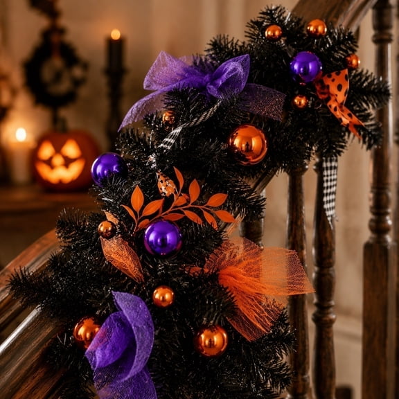 MInHoues 4.9 Ft Halloween Black Pine Tinsel Garland with Orange Purple Ball Ornaments & Mesh Bows, Bendable Spooky Hanging Vine for Mantel Front Door Wall Haunted House Decor