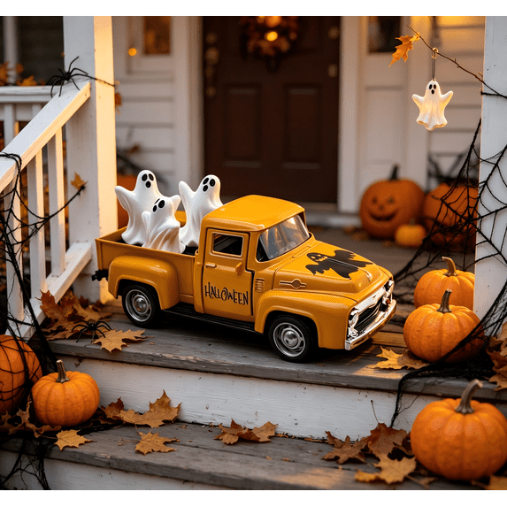 MInHoues 4.9 Inch Halloween Orange Vintage Metal Truck with 3 Mini Ghosts Ornament,Farmhouse Halloween Centerpieces for Table Home Mantel Pumpkin Tiered Tray Decor Party Gift