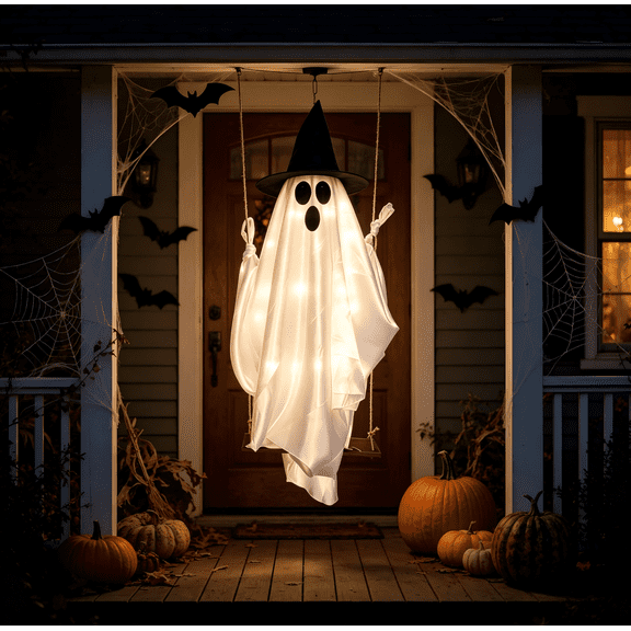 MInHoues 4.9FT Halloween Swing Hanging Ghost with Witch Hat, Battery Operated LED Fabric Ghost Ornament, Spooky Cute Hanging Decor for Halloween Tree Porch Yard Garden Lawn Outdoor Decor