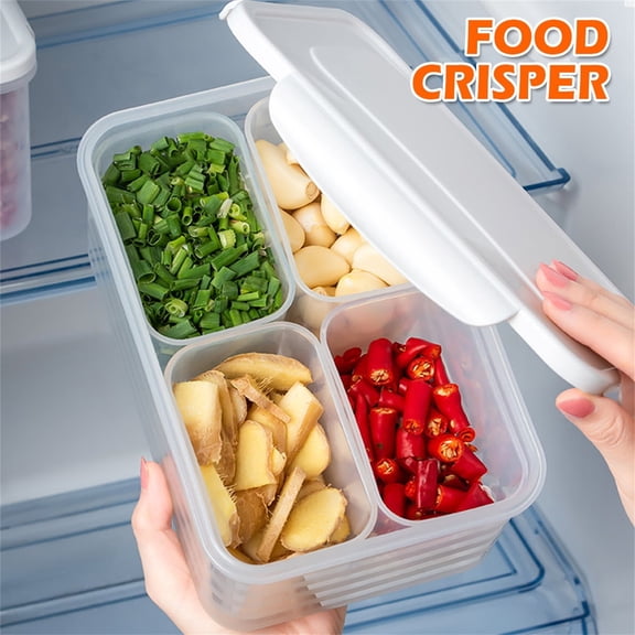 MInHoues 4 Compartments Fridge Storage Container with Airtight Lid, Divided Food Organizer Box, Leakproof Meal Prep Container & Charcuterie Tray for Ginger, Garlic, Scallions, Fruits