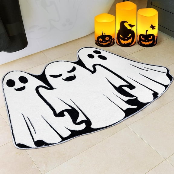 MInHoues 40x60cm Black White Triple Ghost Halloween Rug, Soft Faux Plush Ghost Floor Mat, Non Slip Doormat for Bathroom Bedroom Entryway Goth Halloween Home Decor