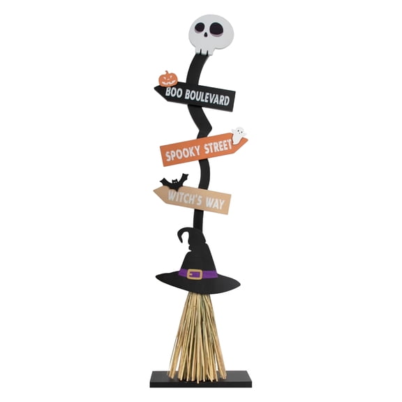 MInHoues 44 Inch Freestanding Wooden Witch Broom Sign, Non-Lighted Spooky Directional Plaque with Skull Pumpkin Ghost Bat for Indoor Covered Outdoor Porch Yard Halloween Holiday Decor