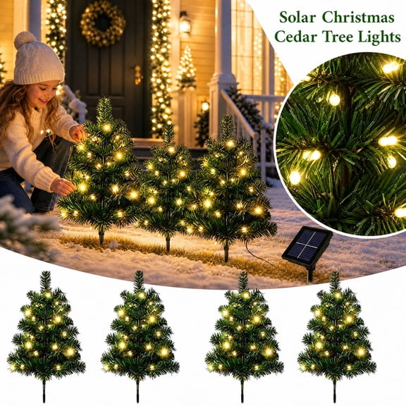 MInHoues 4Pcs Christmas Solar Cedar Tree Light Outdoor, 29.5" Metal Multicolor LED Lighted Evergreen Tree Garden Stake for Lawn Pathway, Perfect for Christmas Tree Home office Party Decoration