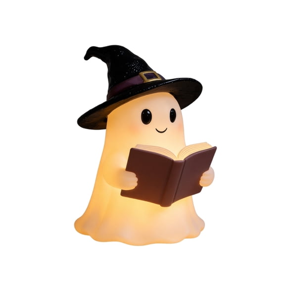 MInHoues 5.5 Inch Halloween Ghost Night Light, Cute Resin Ghost Reading Book Lamp with Warm Glow, Spooky Home Decor for Desk Shelf and Halloween Party Gift