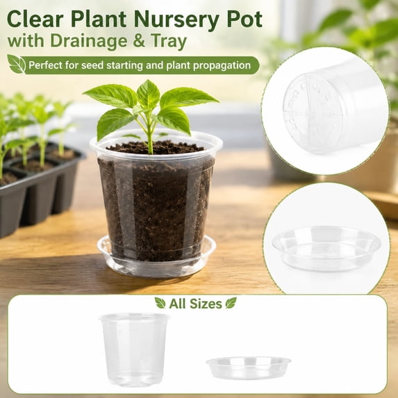 MInHoues 5" Clear Plastic Nursery Pots with Drainage Holes and Saucers, Transparent Plant Pots for Seedlings, Succulents, and Indoor Plant Propagation, Home Garden Supplies