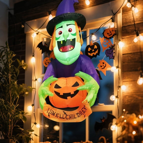 MInHoues 59 Inch Inflatable Witch Holding Pumpkin Yard Decor, Cute Cartoon Blow Up Witch Figure with "I SMELL CHILDREN" Banner, Built-in LED Light Waterproof Outdoor Lawn Halloween Prop