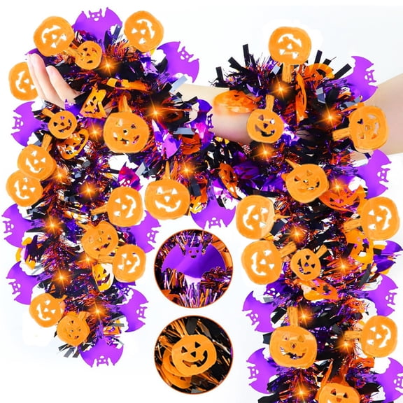 MInHoues 6.5 Ft Light Up Halloween Tinsel Garland, Black Purple Metallic Streamer with Pumpkin Bat Cutouts for Fireplace Door Wall Spooky Party Decor