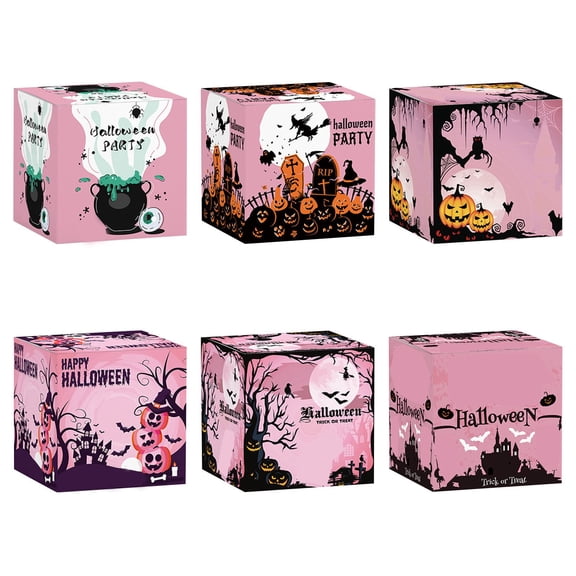 MInHoues 6 Pack Halloween 3D Standing Paper Candy Boxes, Multi Pattern Paper Goodie Favor Boxes, Foldable Square Storage Boxes for Halloween Holiday Party Snack Gift Packaging -A