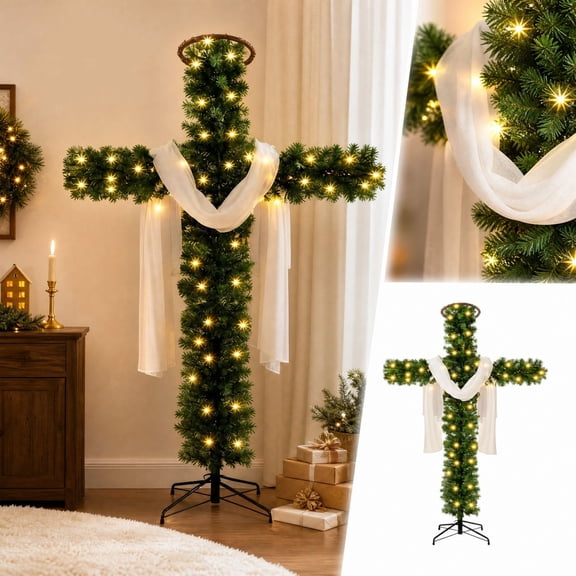 MInHoues 6ft Pre-Lit Cross Christmas Tree with Warm LED Lights, Artificial Pine Easter Holiday Cross Tree with White Sash & Stand for Church Sanctuary Home Decor