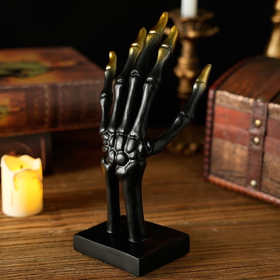 MInHoues 7.5 Inch Black Gold Halloween Skeleton Hand Resin Sculpture, Realistic Bone Palm Statue, Creepy Gothic Desktop Ornament for Halloween Haunted House Bar Tabletop Decor