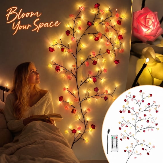 Pink Roses On Vine MInHoues 7.5Ft LED Rose Vine Light, Bendable Branch with Red Pink ...