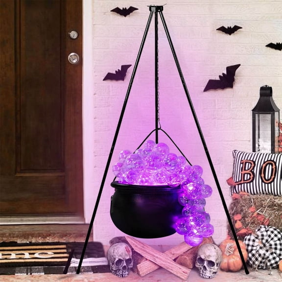 MInHoues 7.68 Inch Lighted Witch Cauldron Decor Set with 30 Inch Tripod Stand, 40 Pcs Iridescent Purple LED Bubble Balls, Hanging Black Cauldron Pot for Halloween Yard Porch Home Party Spooky Decor
