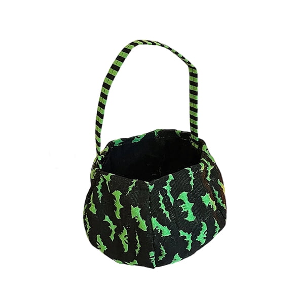 MInHoues 7.8 Inch Green Bat Pattern Print Fabric Candy Tote Bucket, Striped Handle Reusable Halloween Basket Goodie Bags Kids Cloth Goodie Handbag for Halloween Party