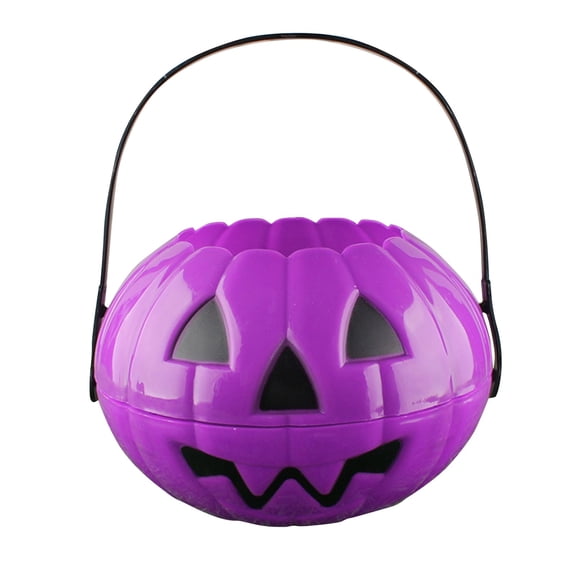 MInHoues 7.8 Inch Purple 2-in-1 Flip Lid Pumpkin Candy Bucket, Detachable Handle Kids Plastic Handheld Treat Pail for Halloween Play Party Decor