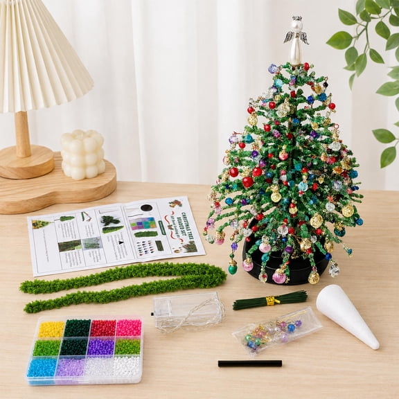 MInHoues 7.9 Inch DIY Christmas Tree Kit, Make Your Own Tabletop Beaded Christmas Tree with Colorful Beads, Family Craft Activity Set for Kids Adults Holiday Party Gift