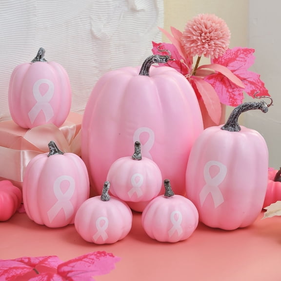 MInHoues 7 Pcs Light Pink Ribbon Artificial Foam Pumpkin Set, Breast Cancer Awareness Faux Pumpkins, Fall Table Centerpiece Decor for Halloween Party Home Desktop Ornament